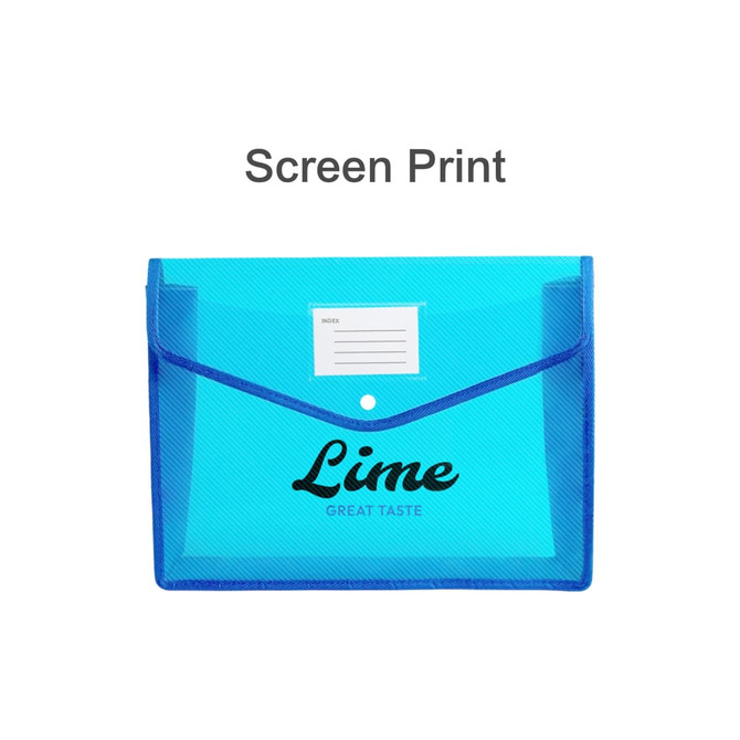 A teal expanding document folder with a blue trim and a logo. Features a button closure and an inner label area.