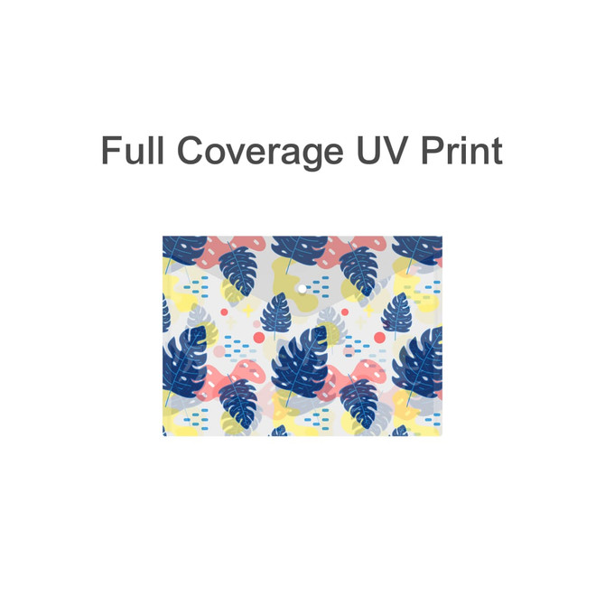 A4 clear file envelope featuring a vibrant design with leaves in blue, pink, and yellow tones. It has a logo.