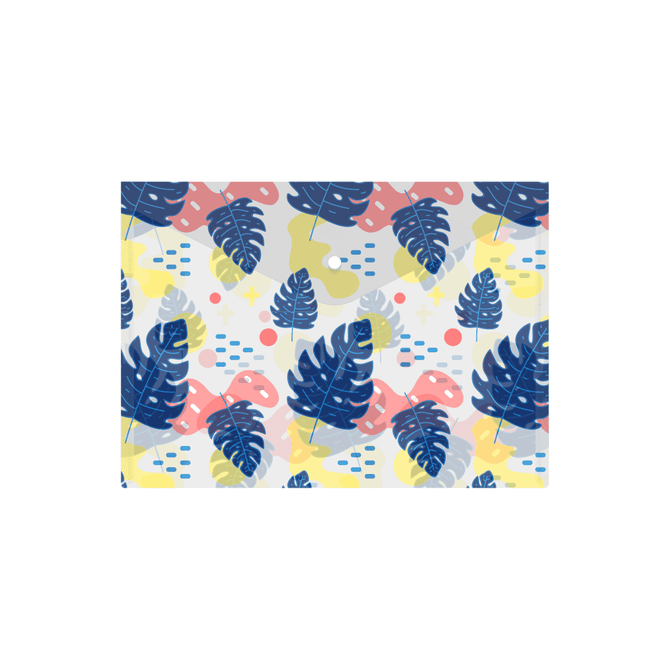 A4 clear file envelope featuring a colourful leaf pattern in blue, pink, and yellow with a circular button closure.