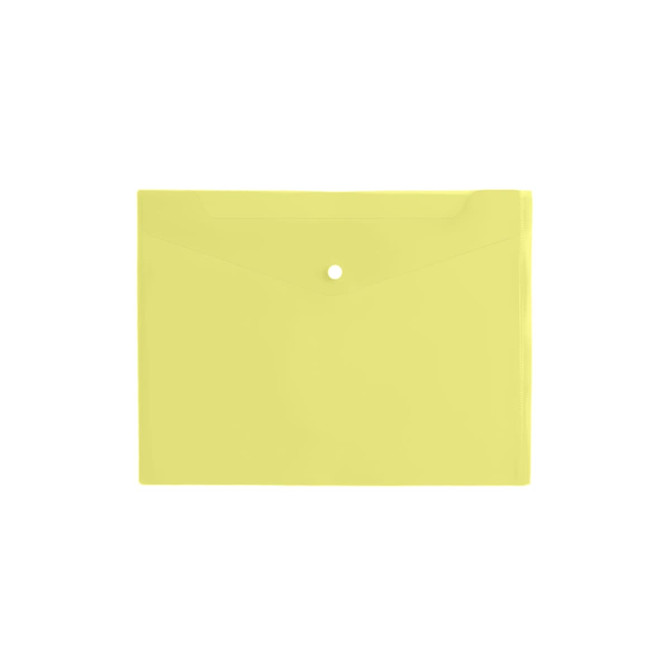 A4 clear file envelope in a bright yellow colour with a button closure and an embossed logo.