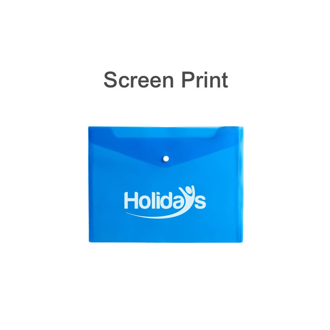 A4 clear file envelope in blue, featuring a single button closure and a logo. Ideal for office organisation.