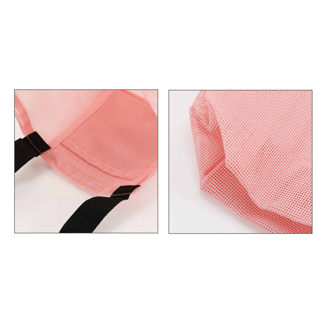 A pink mesh beach tote bag with black straps, featuring a spacious interior and a branded logo.