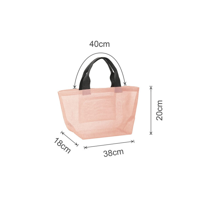 A pink mesh beach tote bag with black handles, measuring 40cm wide, 18cm deep, and 20cm high. It has a logo.