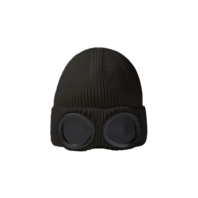 A black beanie with large round goggles attached, featuring a ribbed texture and a simple design.