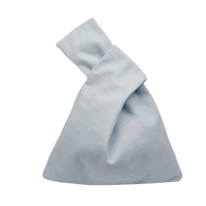 A cotton wrist bag in a light blue colour, featuring a knotted design at the top. It has a subtle logo.