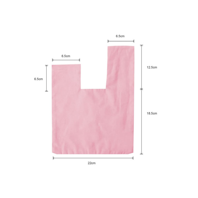 A pink cotton wrist bag with a rectangular shape and dimensions labelled in centimetres. It has a logo visible.