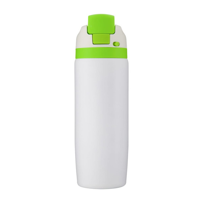 A drink bottle featuring a white body and a bright green cap, with a logo on its surface.
