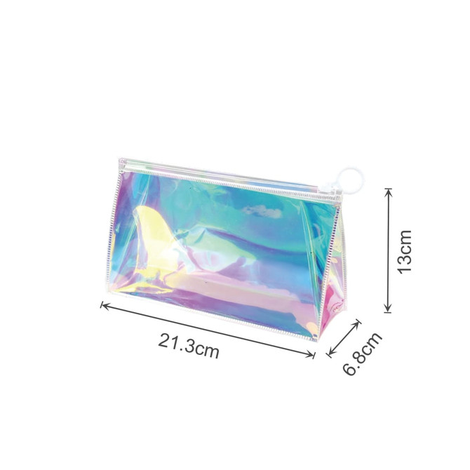 A holographic cosmetic bag in iridescent colours with a zip closure and a circular handle. Dimensions provided.