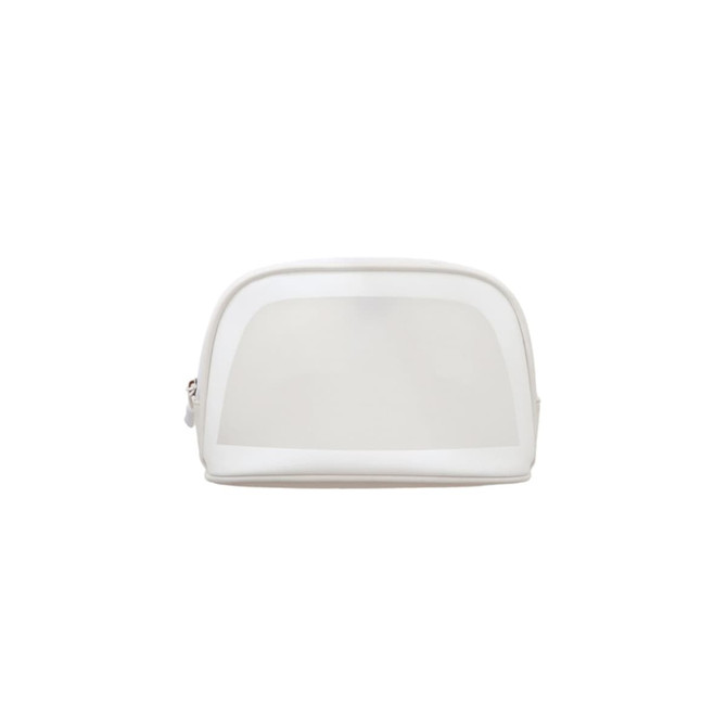 A waterproof transparent cosmetic bag in a white colour, featuring a rounded shape and zip closure.