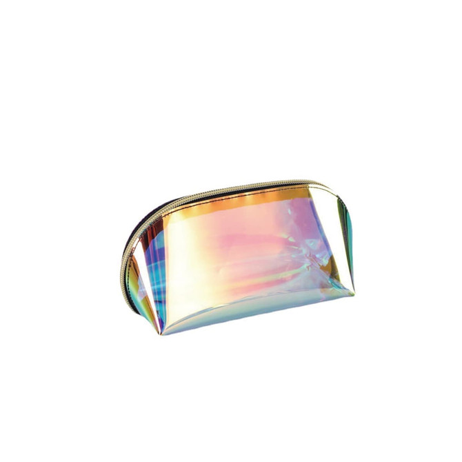 A holographic cosmetic pouch with a shiny, iridescent surface and a zip closure. It features a branding logo.