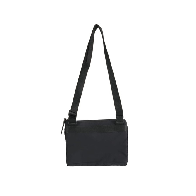 A black lightweight crossbody bag with an adjustable strap and a zippered closure, featuring a simple design.