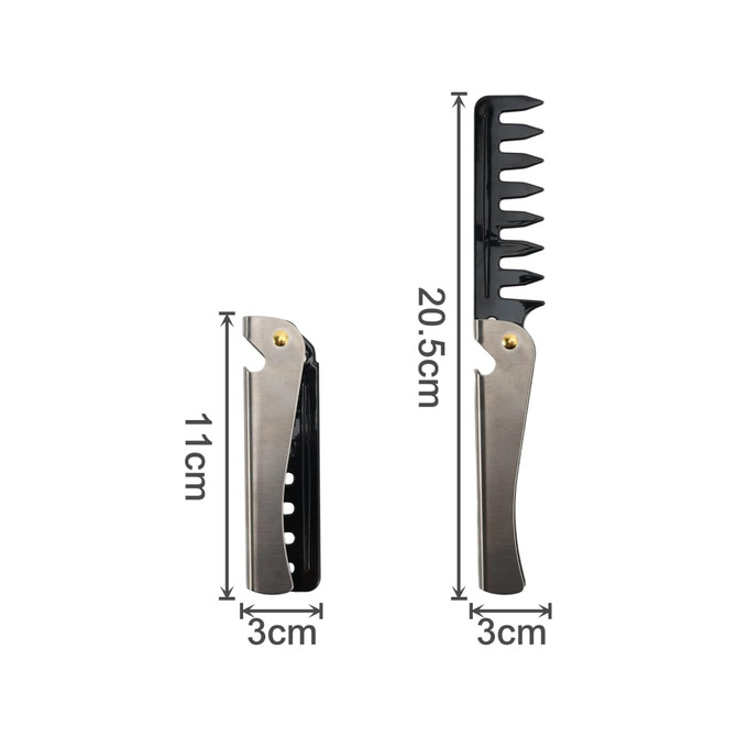A folding comb in silver and black, featuring a compact design with measurement markings.