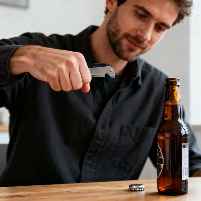 A man using a metallic bottle opener to open a brown beer bottle on a wooden table. The setting is casual and relaxed.
