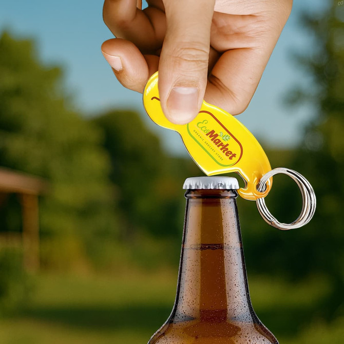 A drink bottle being opened with a yellow custom shape trolley coin keyring bottle opener, featuring a silver keyring.
