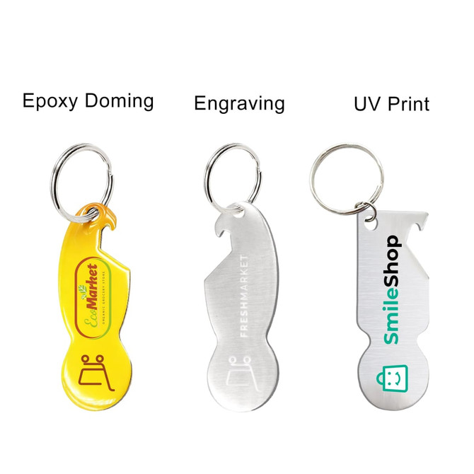 A drink bottle opener keyring in yellow plastic, silver metal, and with engraving; includes a logo on each design.