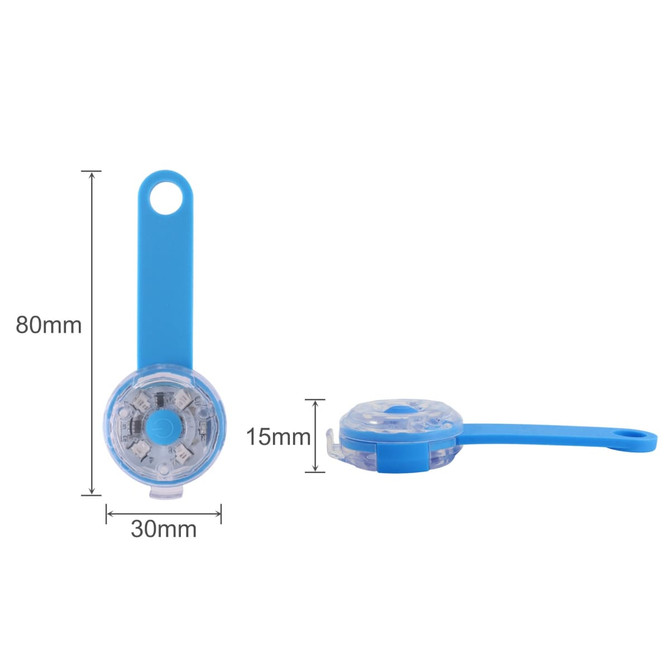 A blue LED pet collar light with a circular design and a handle for attachment, measuring 80mm by 30mm.