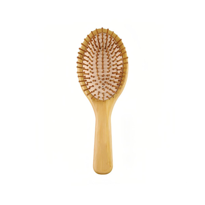 A bamboo hair comb with a wide paddle design and rounded teeth, showcasing a natural finish and smooth texture.