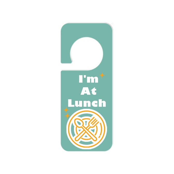 A custom shape acrylic door hanger in a teal colour with a fork and knife design. It has a circular cut-out for hanging.