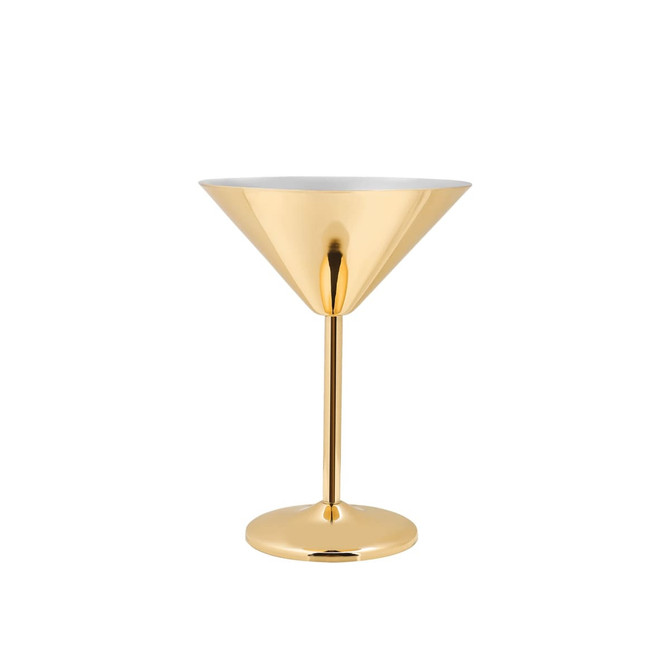 A stainless steel martini goblet with a shiny gold finish and a tapered cup design on a circular base.
