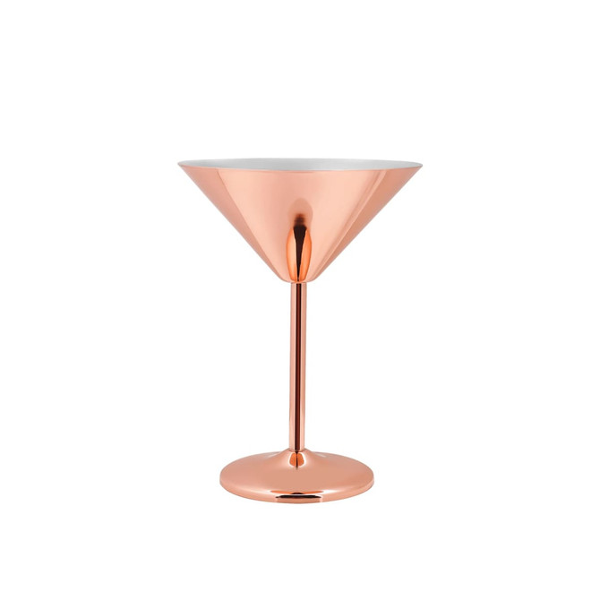 A stainless steel martini goblet with a shiny rose gold finish and a smooth white interior. It has a sturdy base.