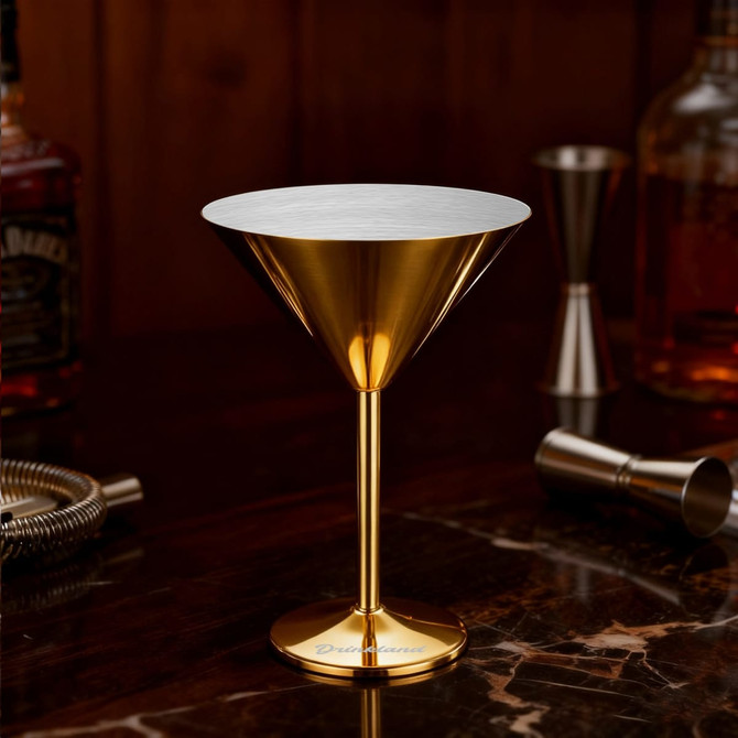 A stainless steel martini goblet with a shiny gold finish, placed on a dark marble surface surrounded by bar tools.