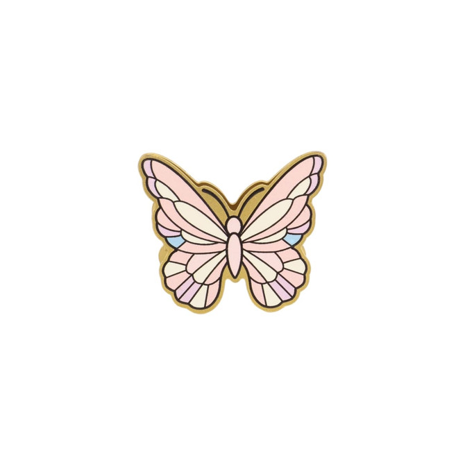 A butterfly-shaped clip in pastel pink and white, featuring a detailed design with a gold outline.