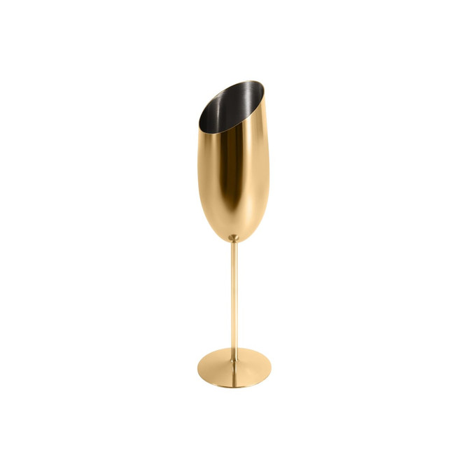 A stainless steel slanted champagne flute in a shiny gold finish, featuring a round base and sleek design.