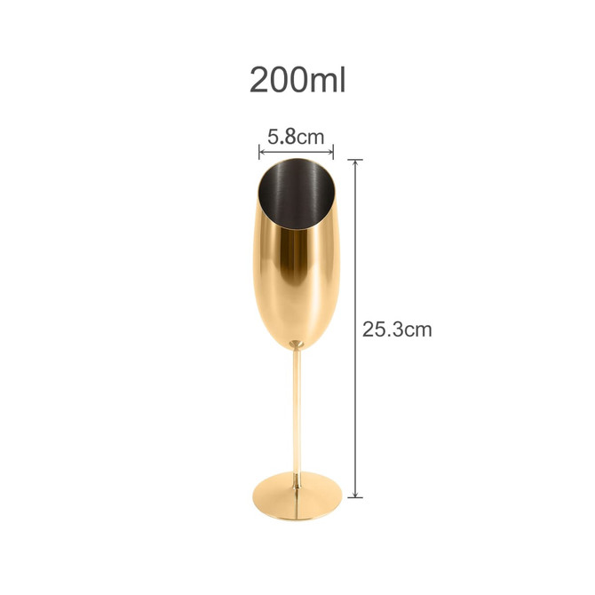 A stainless steel slanted champagne flute in a shiny gold finish, measuring 25.3 cm tall and 5.8 cm wide.