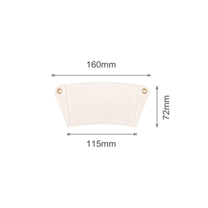 A drink bottle holder made of white leather with two eyelets for straps, featuring a curved design.