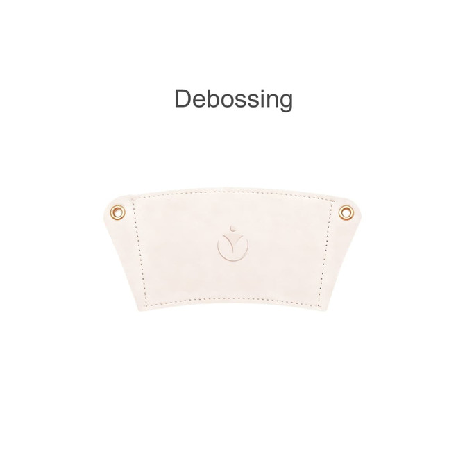 A drink bottle holder in cream leather featuring an acrylic strap and a circular logo at the bottom.