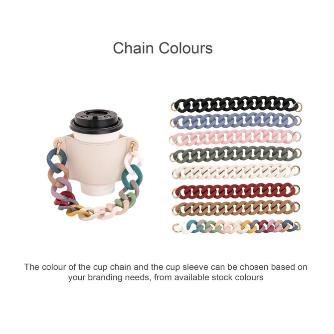 A drink bottle holder in cream with a multi-coloured acrylic strap, accompanied by various strap colour options.