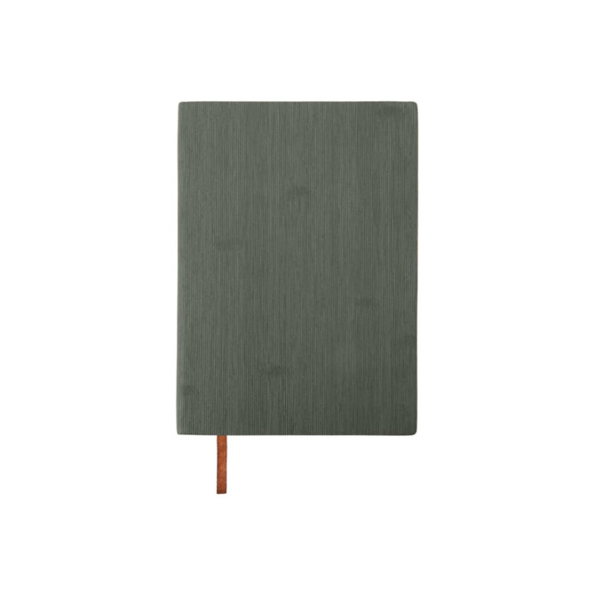 A colour changing PU leather notebook in a muted green hue with a brown ribbon bookmark. It features a textured finish and a logo.