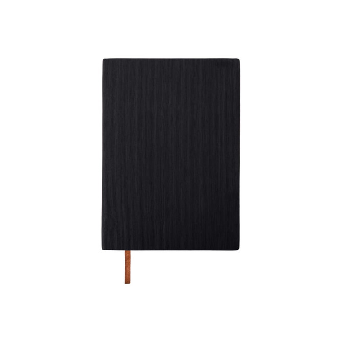 A black PU leather notebook with a textured surface and a brown ribbon bookmark. It features a logo on the cover.