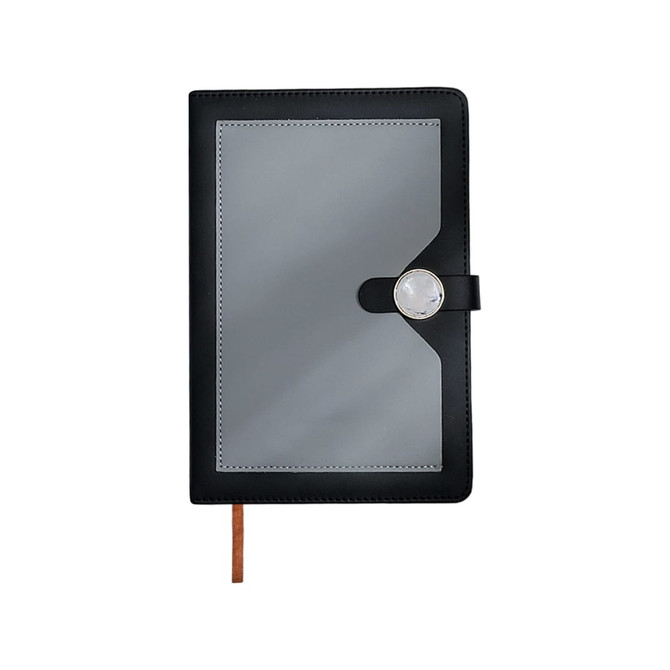 A black notebook with a magnetic buckle closure and a grey front cover, featuring a decorative logo.