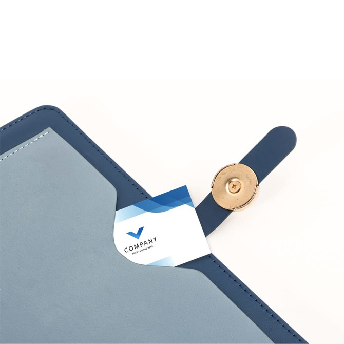 A5 magnetic buckle pocket notebook in blue, featuring a pocket for holding a card, with a gold button closure.