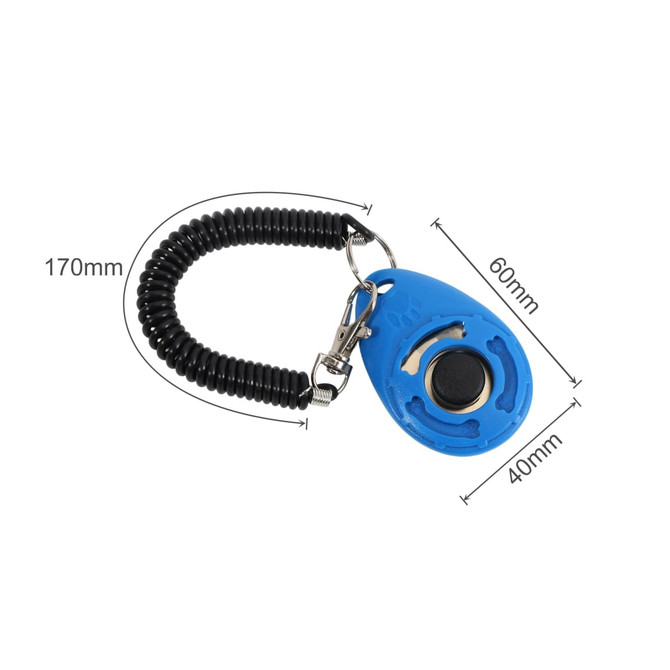 A pet training clicker in blue with a coiled black lanyard, featuring a keyring attachment.
