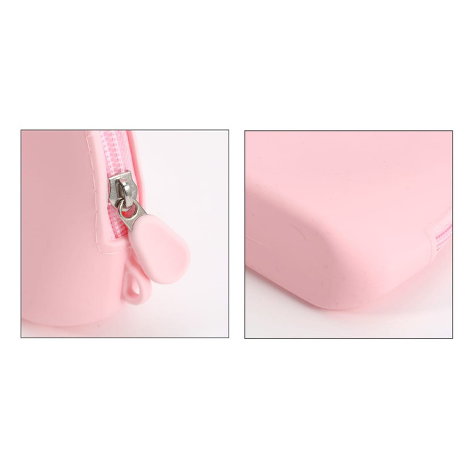 A pink silicone organiser pouch featuring a zip closure and rounded edges. It has a small logo on the side.