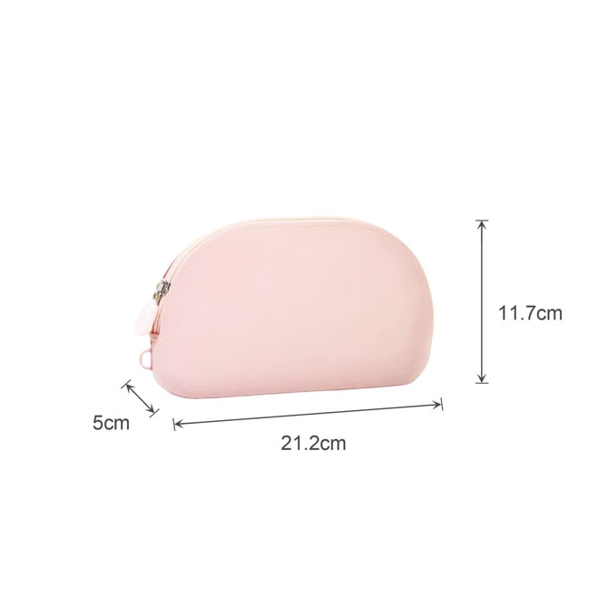 A pink silicone organiser pouch with a rounded shape, featuring dimensions of 21.2cm x 11.7cm x 5cm.