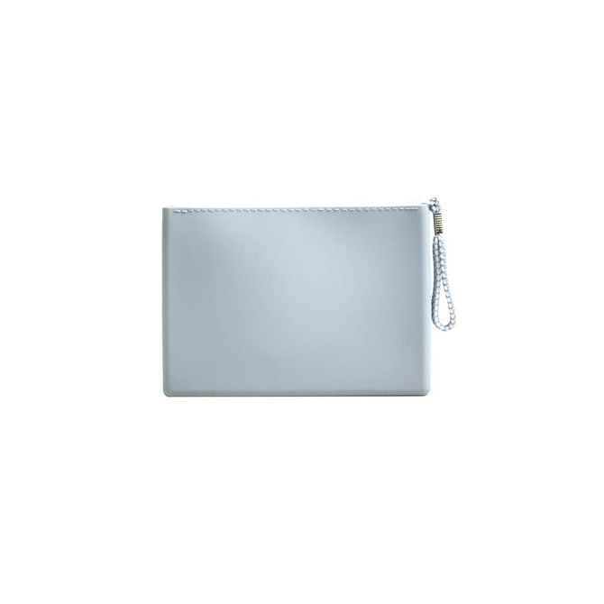 A white silicone cosmetic pouch with a zip and a wrist strap, featuring a discreet logo.