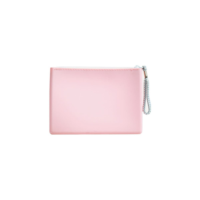 A pink silicone cosmetic pouch with a zip closure and a wrist strap. It features a subtle logo.