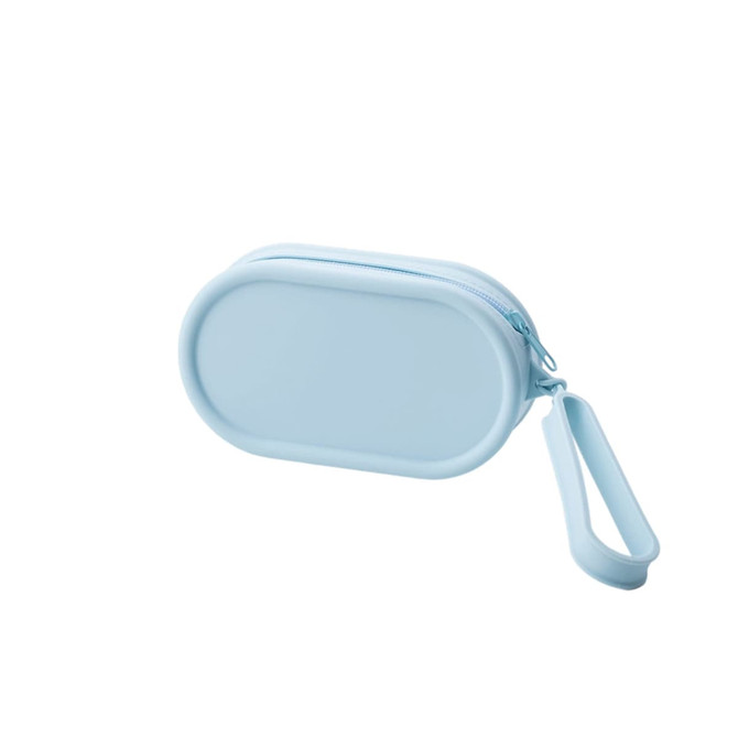 A round, light blue silicone storage bag with a zip closure and a carrying strap. Features a logo.