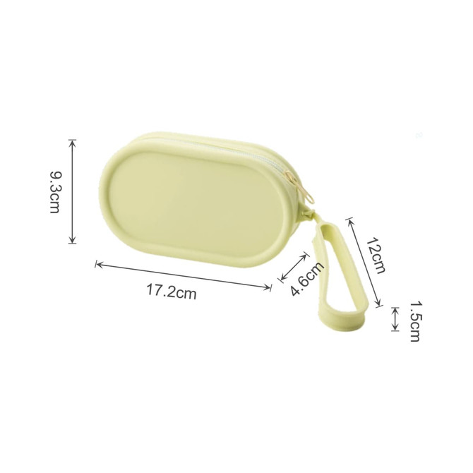 A round, pale yellow silicone storage bag with a zip closure and a handle, measuring 17.2cm by 9.3cm.
