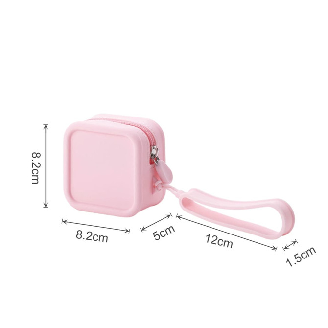 A pink square silicone coin pouch with a zipper and a loop handle, measuring 8.2cm by 12cm.