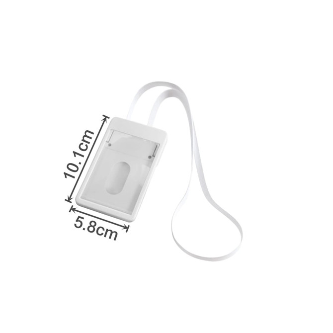 A white ABS retractable card holder with lanyard, measuring 10.1 cm by 5.8 cm, featuring a logo.