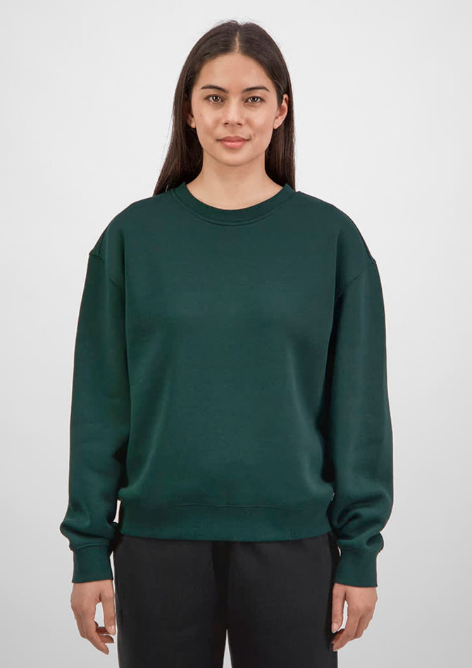 A dark green women's crew sweatshirt with a relaxed fit and long sleeves, featuring a plain design.