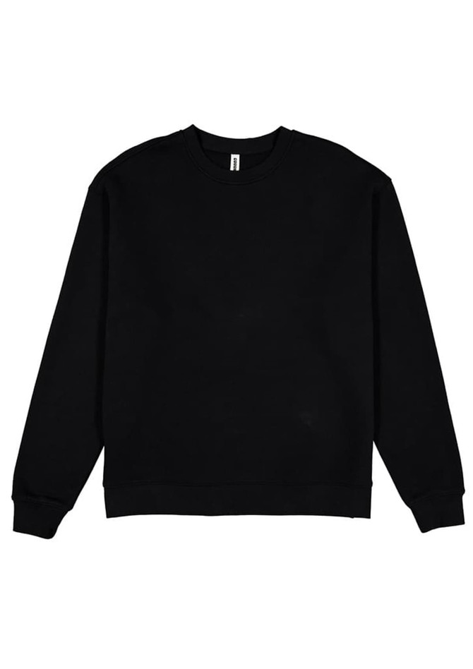 A black crew sweatshirt with long sleeves and a ribbed neckline. It features a branding logo.