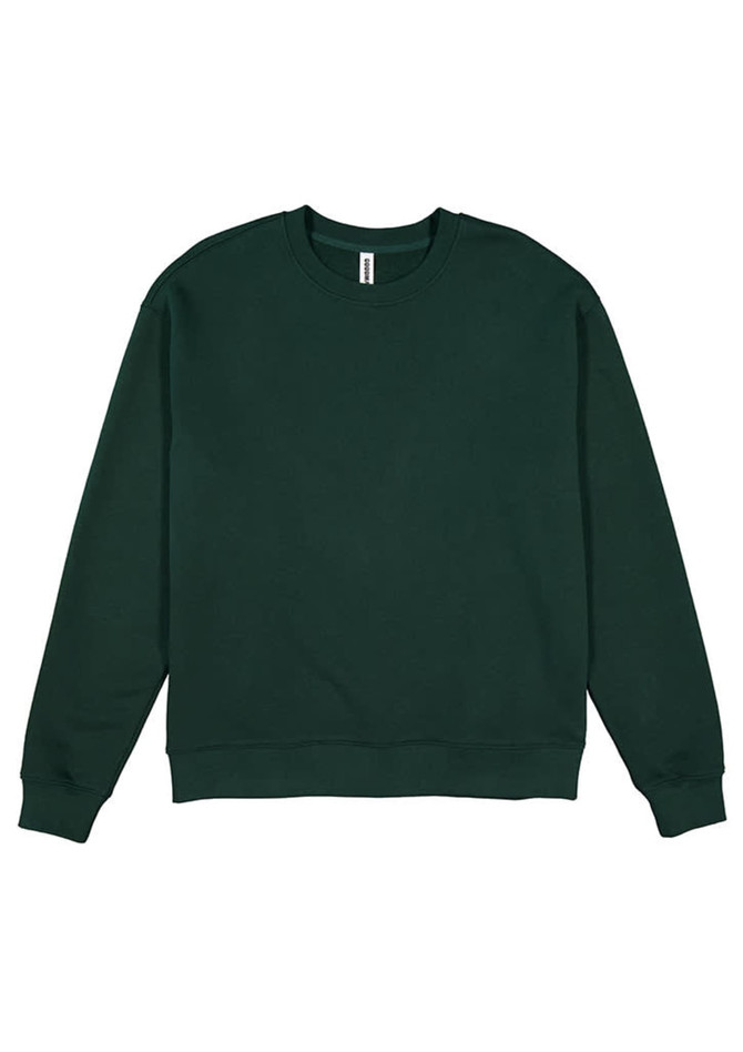 A green crew sweatshirt with a simple design and long sleeves. It features ribbed cuffs and a neckline.