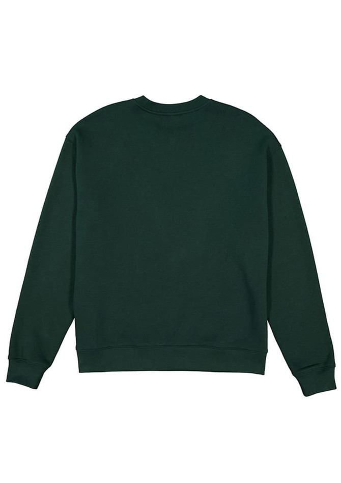 A dark green crew sweatshirt featuring a plain back and cuffed sleeves. It has an embedded logo.