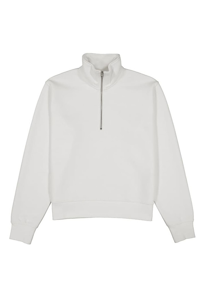A white women's jumper with a 1/4 zip collar and long sleeves. Features a branding logo.