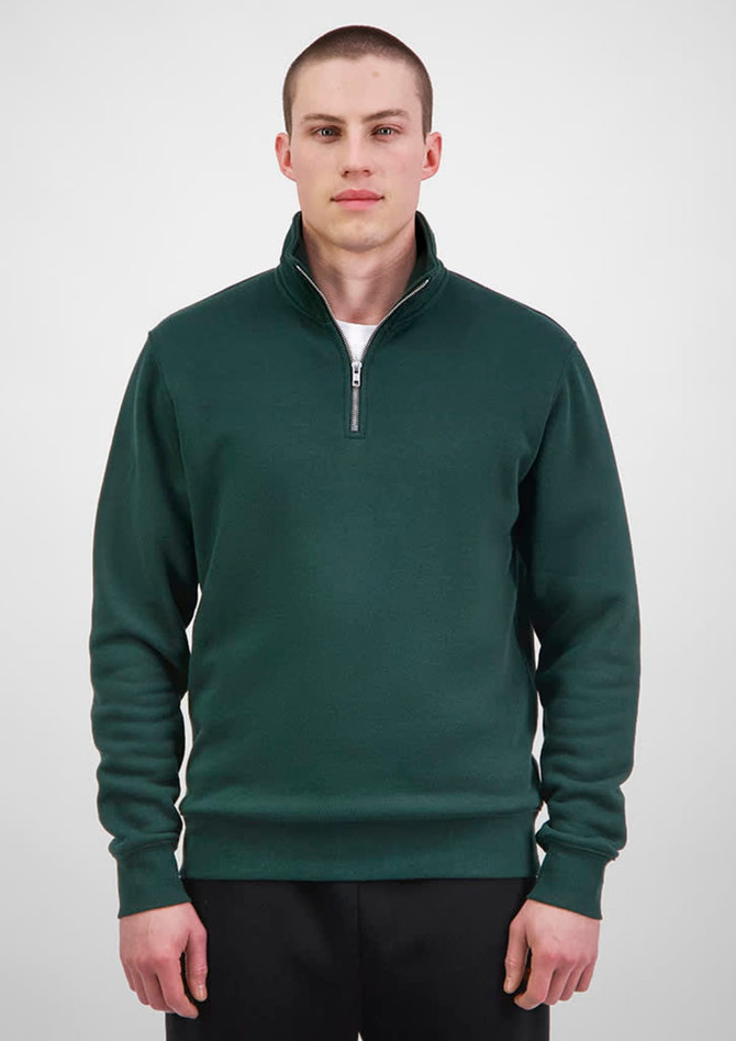 A green men's 1/4 zip sweatshirt displayed on a model, featuring a collar and long sleeves.